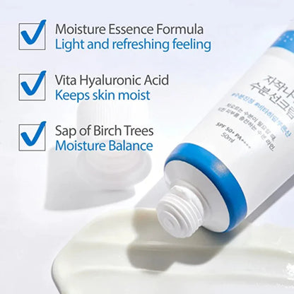 Skincare product with text highlighting moisture benefits on a light background
