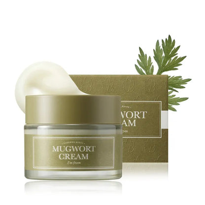 Mugwort cream jar with a green leaf on a white background