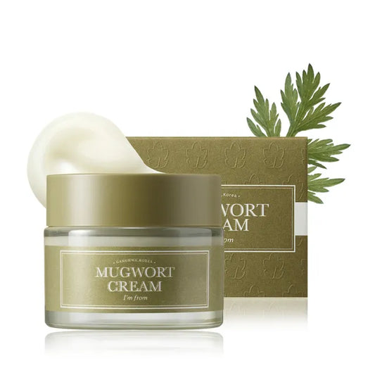 Mugwort cream jar with a green leaf on a white background