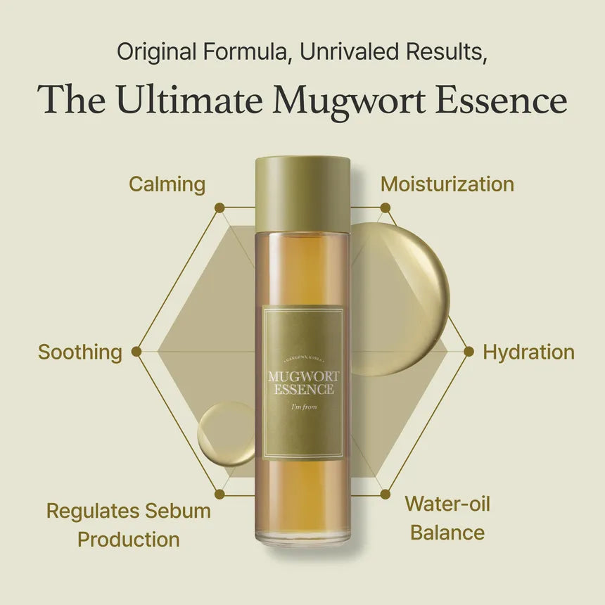 Mugwort essence bottle with benefits listed on a beige background