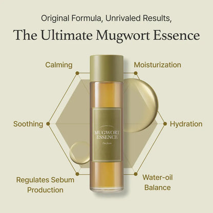 Mugwort essence bottle with benefits listed on a beige background