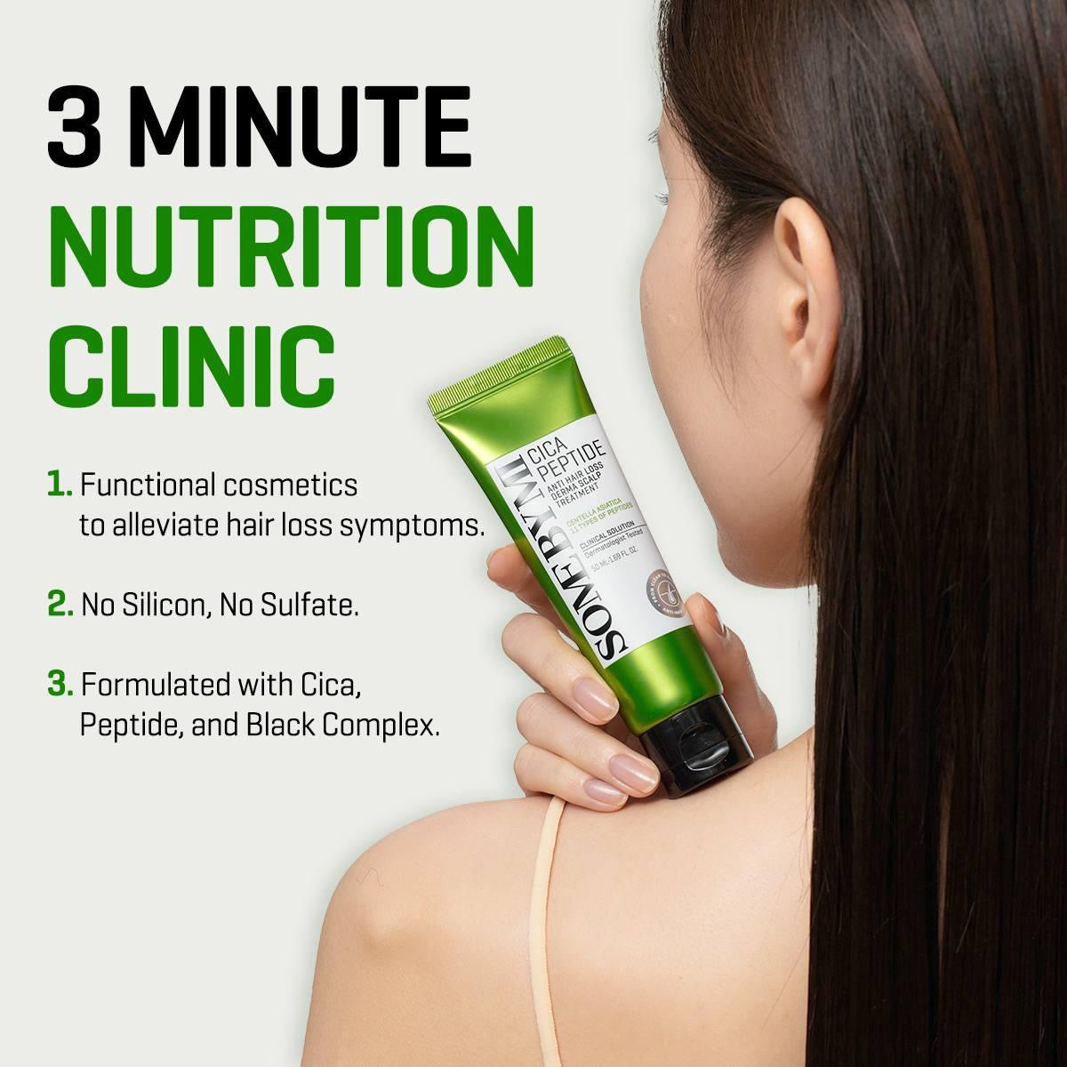 Woman holding a green skincare product with text about a '3 Minute Nutrition Clinic' on a white background.