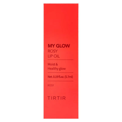 Red packaging of TIRTIR MY GLOW Rosy Lip Oil on a white background