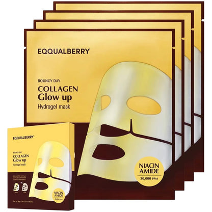 Collagen hydrogel mask packaging with 'Equalberry' branding on a white background
