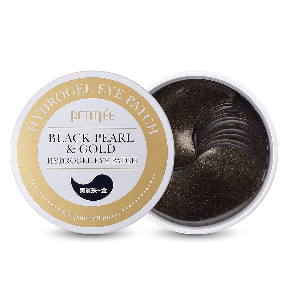 Petitfee Black Pearl & Gold Hydrogel Eye Patch container with eye patches inside on a white background