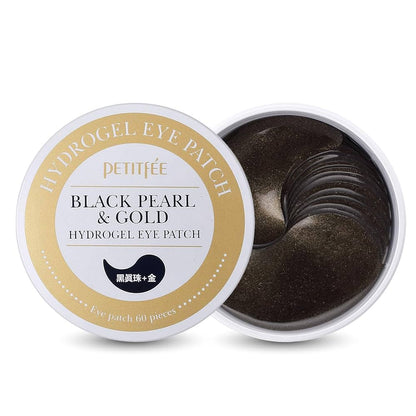 Petitfee Black Pearl & Gold Hydrogel Eye Patch container with eye patches inside on a white background