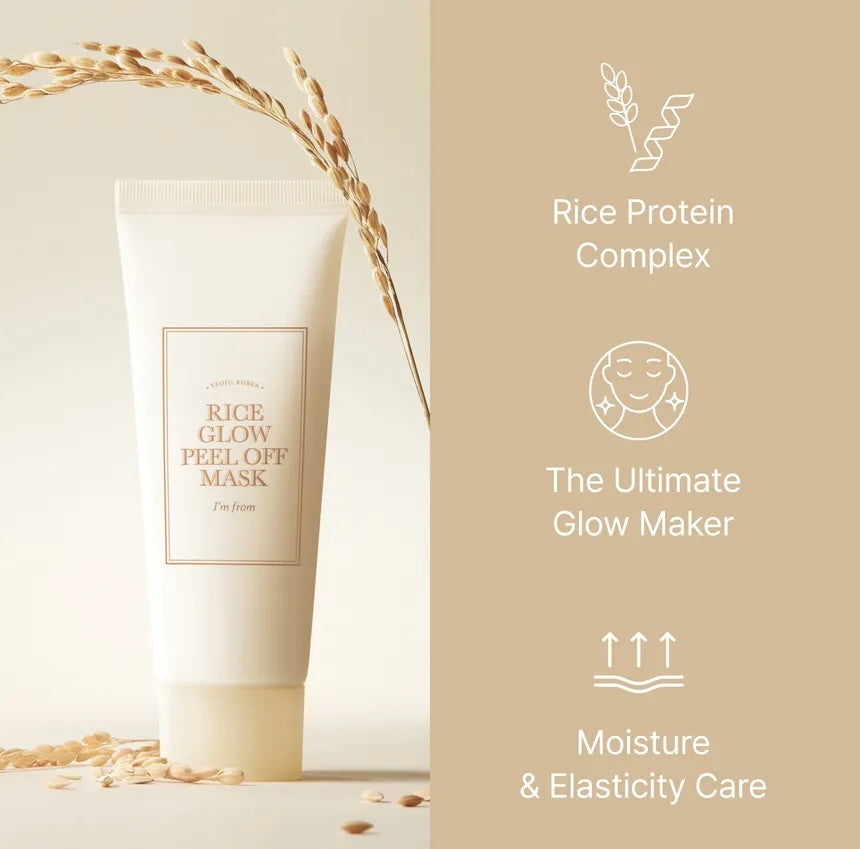 Rice glow peel off mask with rice protein complex and benefits on a beige background