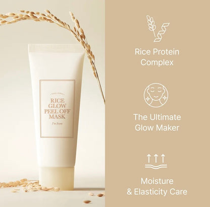 Rice glow peel off mask with rice protein complex and benefits on a beige background