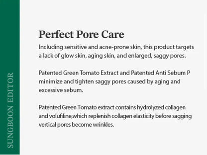 Product description for 'Perfect Pore Care' with text about skin care benefits and ingredients.