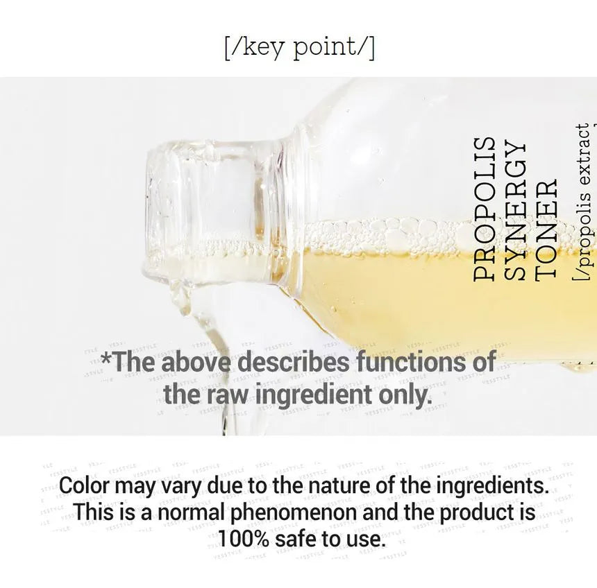 Bottle of Propolis Synergy Toner with text about product functions and safety.