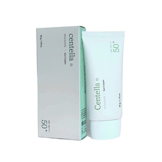 Centella sun cream tube and packaging on a white background