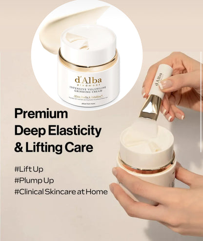 d'Alba skincare product with a hand applying cream and text highlighting features.