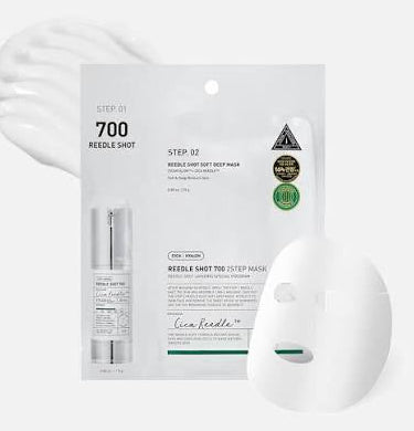Cosmetic product packaging with a dropper and sheet mask on a white background