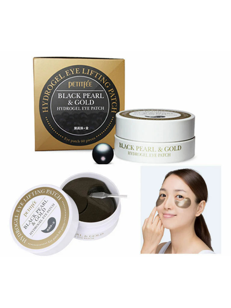 Black Pearl & Gold hydrogel eye patches packaging with a woman wearing them.