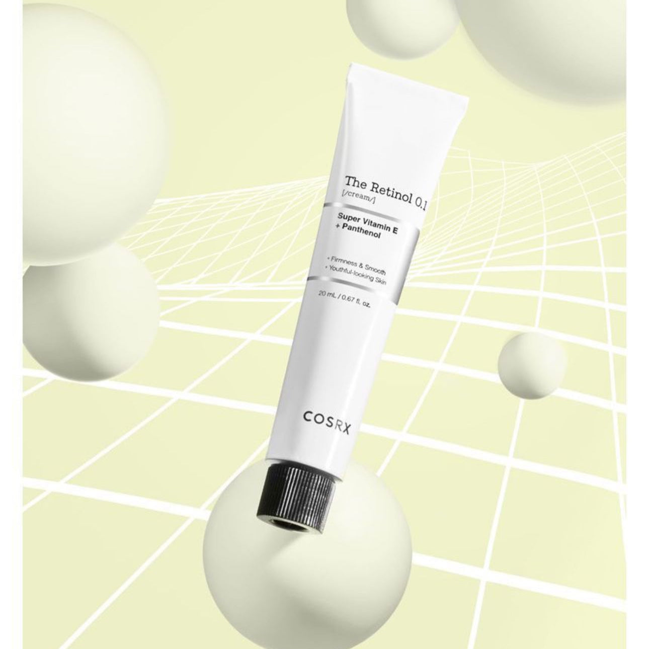 CosRX skincare product on a light green background with geometric shapes