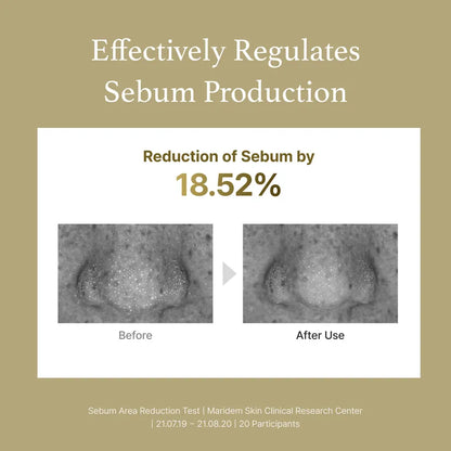 Advertisement showing reduction of sebum production with before and after images on a beige background.