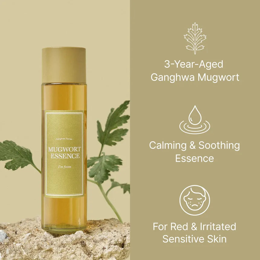 Mugwort essence bottle with product details on a beige background