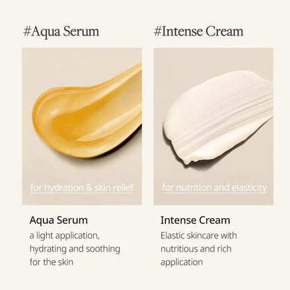 Two skincare products, Aqua Serum and Intense Cream, with descriptions on a beige background.