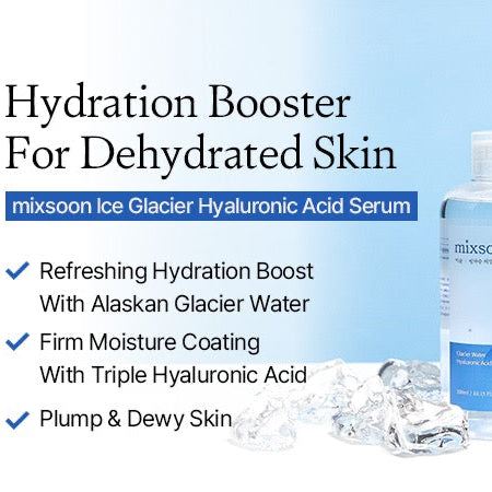 mixsoon Ice Glacier Hyaluronic Acid Serum bottle with product features on a light blue background