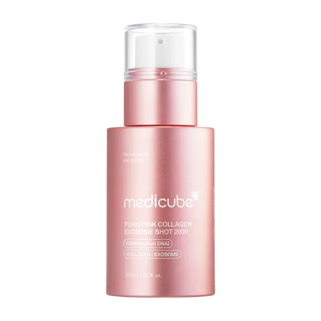 Pink skincare bottle with 'medicube' branding on a white background