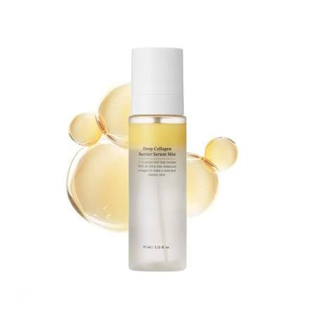 Skincare serum bottle with yellow droplets on a white background