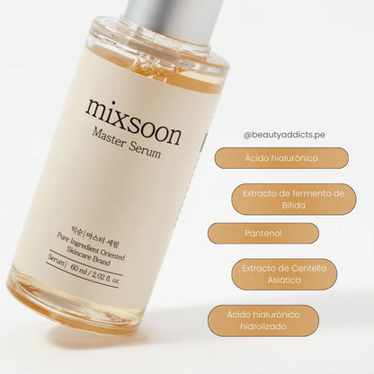 mixsoon Master Serum bottle with ingredients listed on a light background