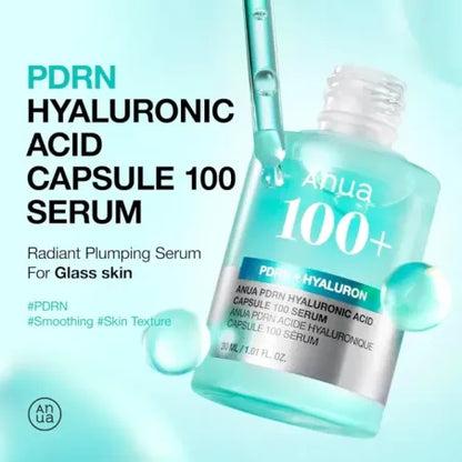 Anua PDRN Hyaluronic Acid Capsule 100 Serum bottle with dropper on a light blue background