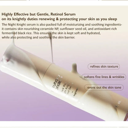 Retinol serum bottle with text about its benefits on a light purple background