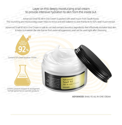 CosRX Advanced Snail 92 All In One Cream jar with text on a white background