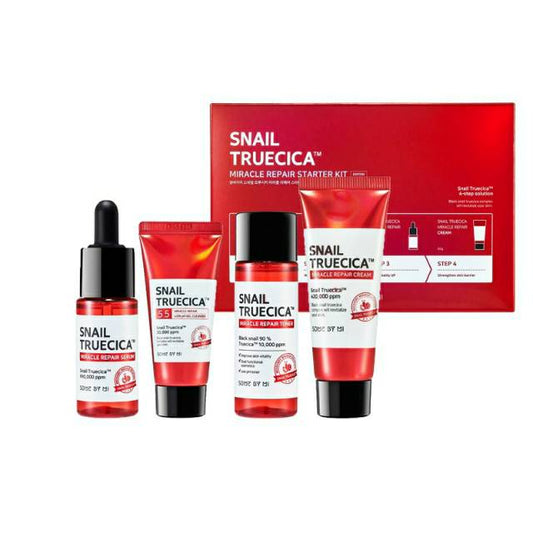 Snail Truecica skincare starter kit with various products on a white background