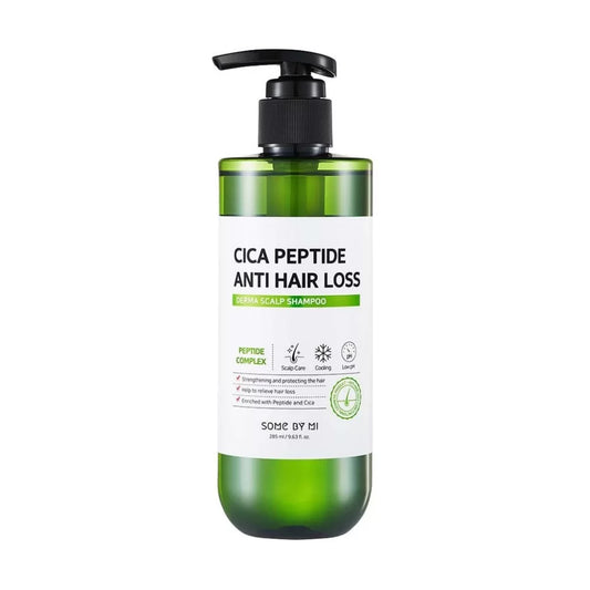 Green shampoo bottle with pump labeled 'Cica Peptide Anti Hair Loss' on a white background