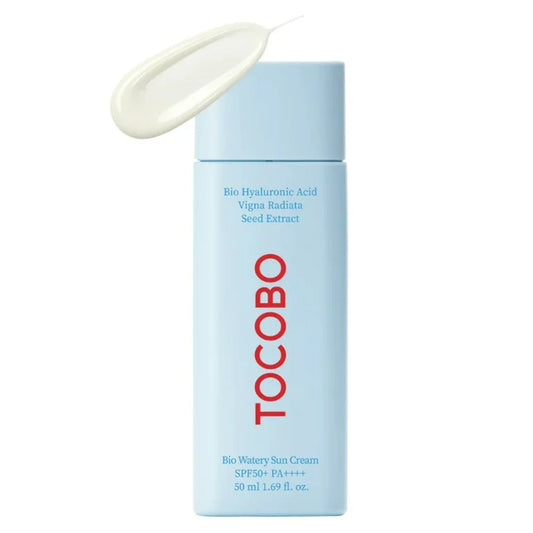 Tocobo sun cream bottle with a white cap on a white background