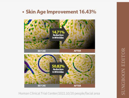 Before and after comparison of skin texture with wrinkle reduction statistics on a white background.