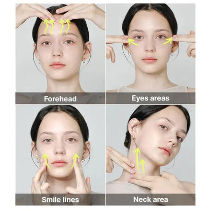 Cosrx tips for wrinkle care showing different areas of the face with arrows.