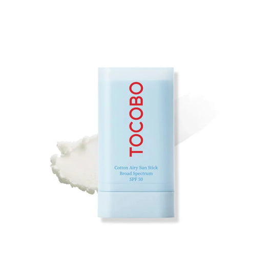 Tocobo cotton airy sun stick with a light blue packaging on a white background