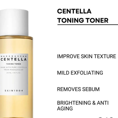 Bottle of Centella toning toner with product details on a white background