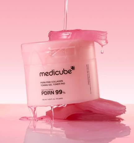 Pink collagen toning gel toner pad with 'medicube' branding on a pink background