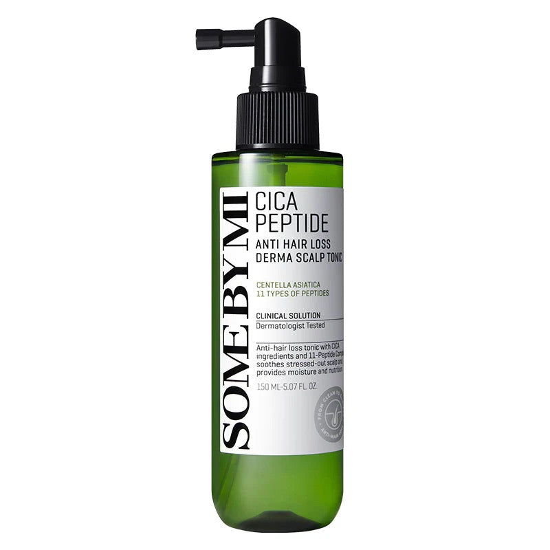 Green bottle with black pump labeled 'SOME BY MI Cica Peptide Anti Hair Loss Derma Scalp Tonic' on a white background
