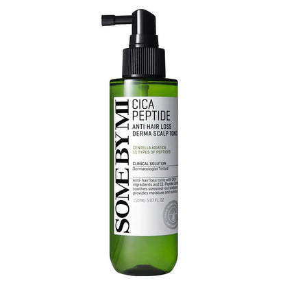 Green bottle with black pump labeled 'SOME BY MI Cica Peptide Anti Hair Loss Derma Scalp Tonic' on a white background
