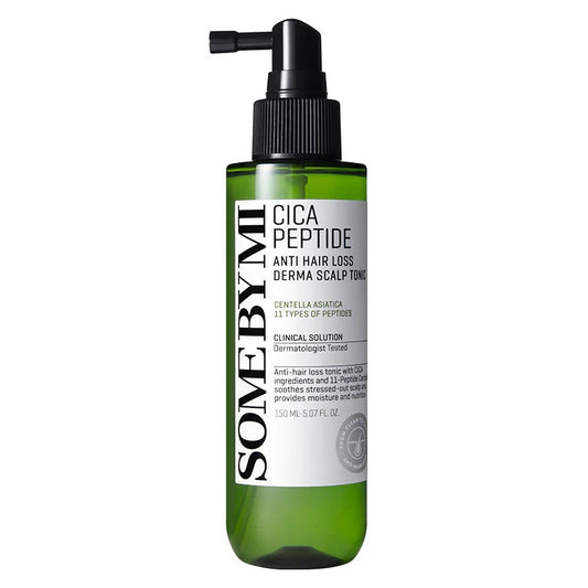 Green bottle with black pump labeled 'SOME BY MI Cica Peptide Anti Hair Loss Derma Scalp Tonic' on a white background