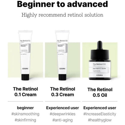 Cosrx retinol skincare products with labels for different users on a white background