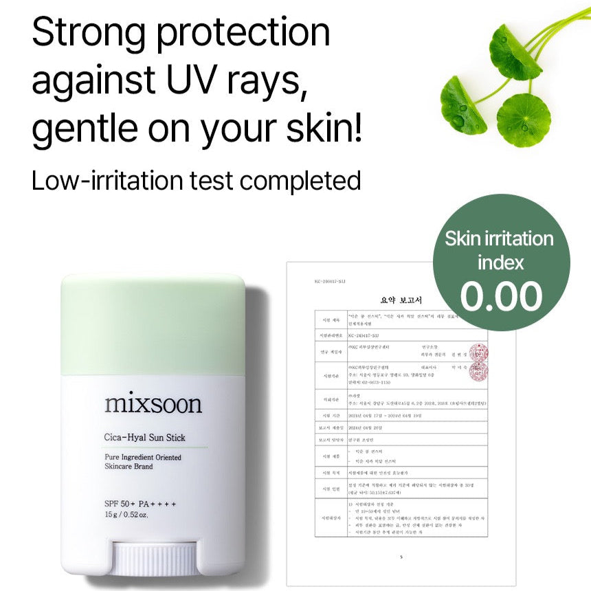 Sunscreen product with 'mixsoon' branding and text about UV protection and skin irritation test results.