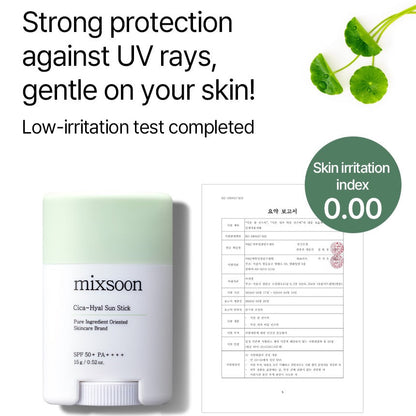 Sunscreen product with 'mixsoon' branding and text about UV protection and skin irritation test results.