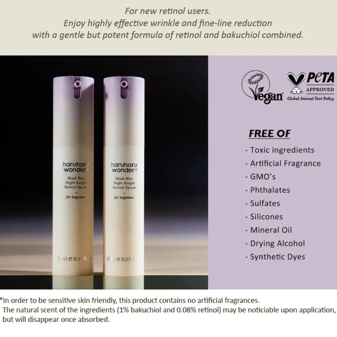 Two skincare bottles with product details and PETA approval logo on a purple background