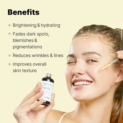Woman holding a skincare product with text listing benefits on a beige background