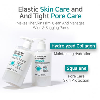 Two skincare bottles with text highlighting ingredients like hydrolyzed collagen and squalene on a white background.