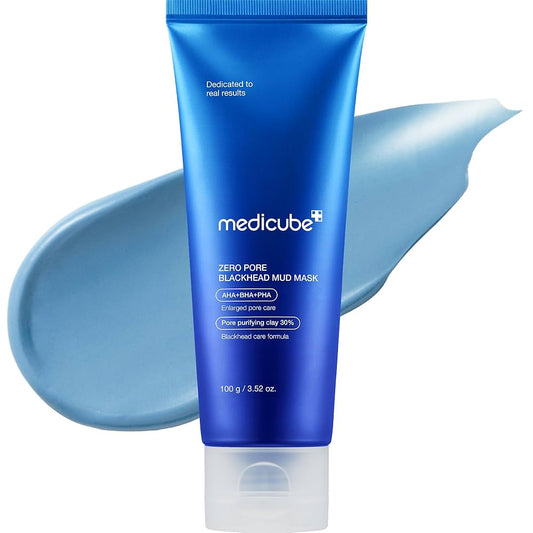 Blue tube of Medicube Zero Pore Blackhead Mud Mask with a smear of blue mud on a white background